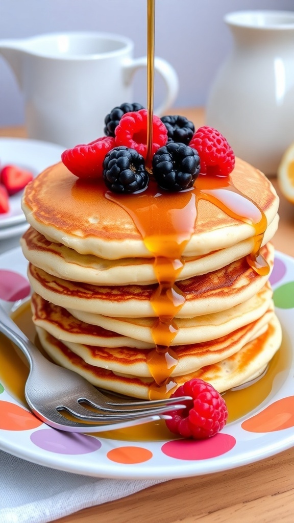 Fluffy 8-bit pancakes topped with syrup and berries on a colorful plate.